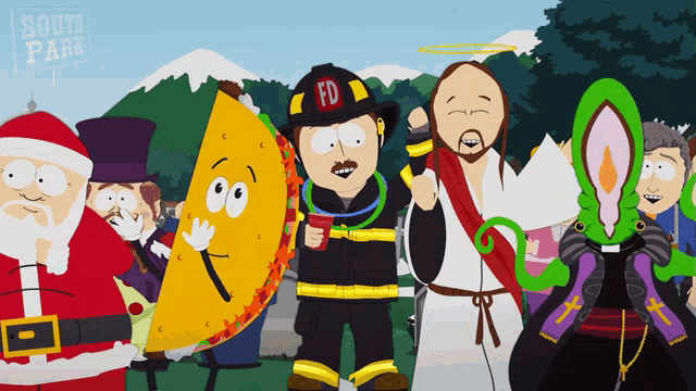 a group of south park characters including jesus and santa claus