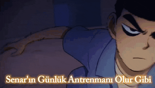 a cartoon of a man with the words " senar 'in gunluk antrenmani olur gibi " below him