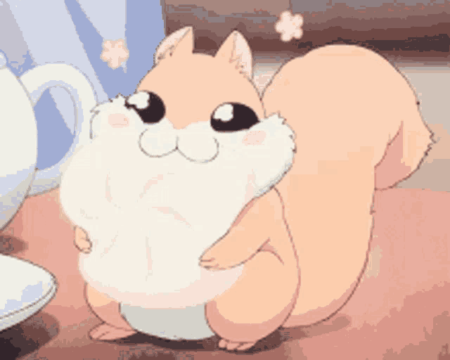 a cartoon squirrel is sitting on a table with a flower in its mouth