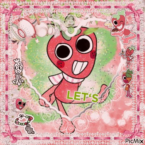 a cartoon of a strawberry with the words let 's on it
