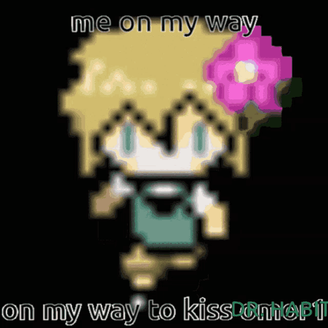 a pixel art drawing of a girl with a flower in her hair and the words me on my way on my way to kiss