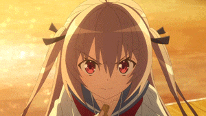 a girl with pigtails and red eyes is looking at the camera
