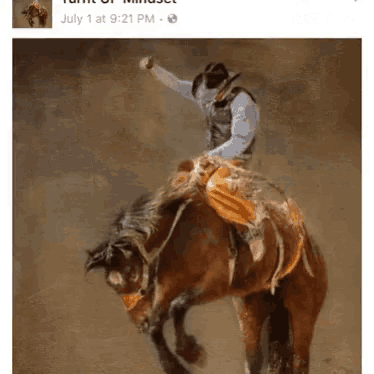 a cowboy is riding a brown horse in a facebook post