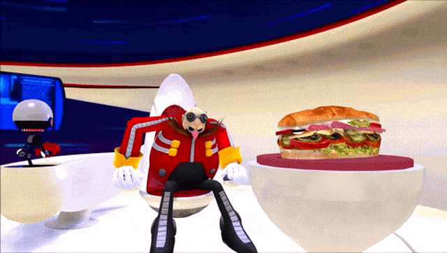 a cartoon character is sitting next to a hamburger on a table