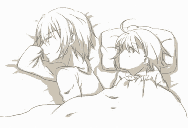 a black and white drawing of a man and a child laying on a bed