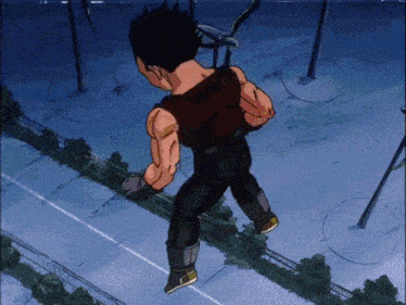 a cartoon character is running down a street with a fence in the background