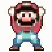 a pixel art of a man in a red shirt and blue jeans standing with his hands in the air .