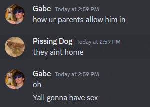 a screenshot of a discord conversation between gabe and a pissing dog