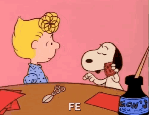 a cartoon of snoopy and lucy sitting at a table with a bottle of gon 's india ink .
