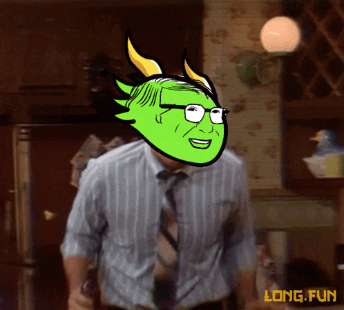 a man in a striped shirt and tie has a green mask on his head with the words long fun below him