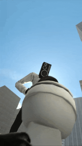 a video game character is standing next to a white toilet with a speaker on it