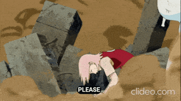 a cartoon of a woman laying in the dirt with the words please written above her