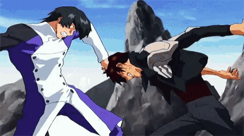 a man in a purple and white suit is holding another man 's hand