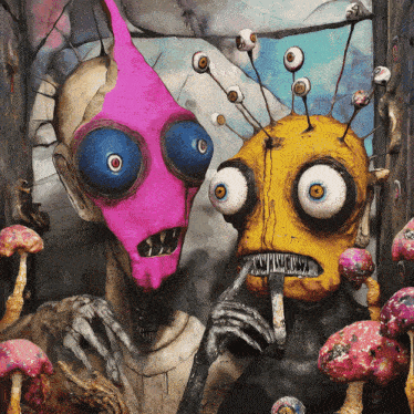 a pink monster and a yellow monster are standing next to each other in a painting