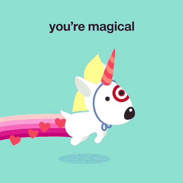 an illustration of a dog with a unicorn horn and the words you 're magical below it