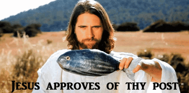 jesus is holding a fish with the words " jesus approves of thy post " underneath him