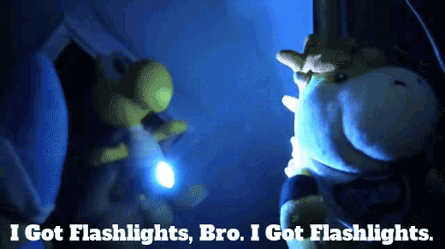 a stuffed animal is holding a flashlight and says i got flashlights bro i got flashlights