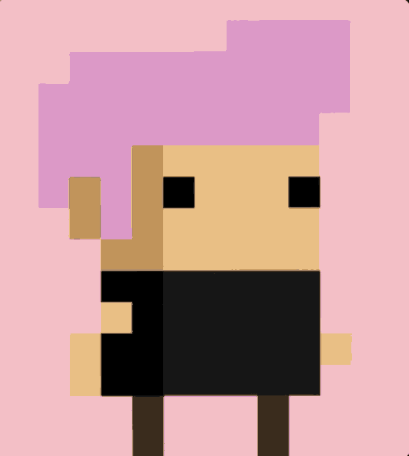 a pixel art drawing of a person with pink hair and a black shirt
