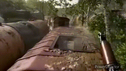 a train is going through a forest with trees in the background and smoke coming out of the chimney .