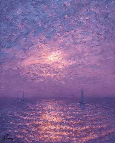 a painting of a purple sky with boats in the foreground
