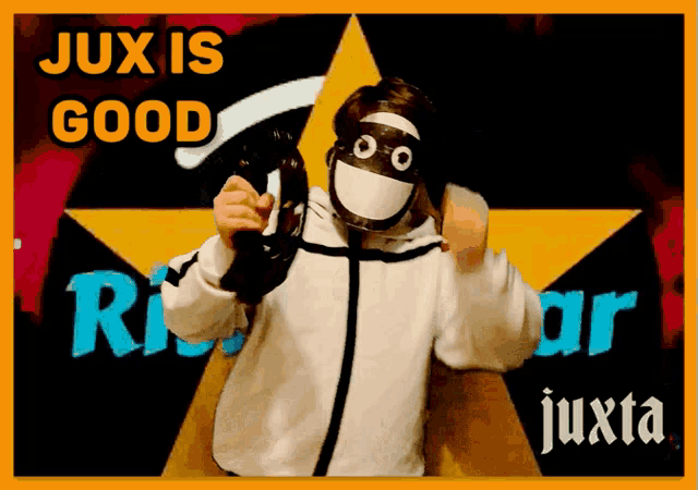 a poster that says jux is good with a person in a mask pointing