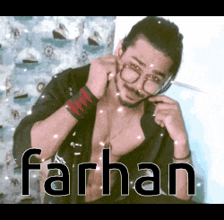 a shirtless man wearing glasses and the name farhan