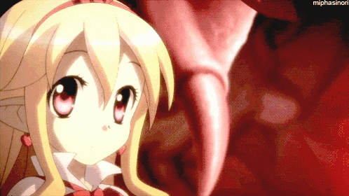 a girl with blonde hair and red eyes is looking at something in a red background