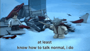a lego scene with the words at least know how to talk normal i do below it