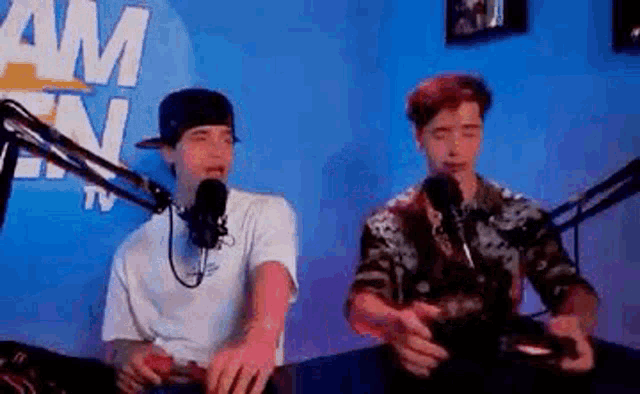 two boys are sitting in front of microphones in a room .