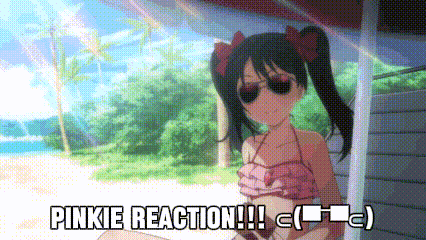a girl in a pink bikini is sitting on a porch with the words pinkie reaction written below her