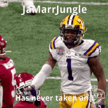 a football player with the number 1 on his jersey stands on the field