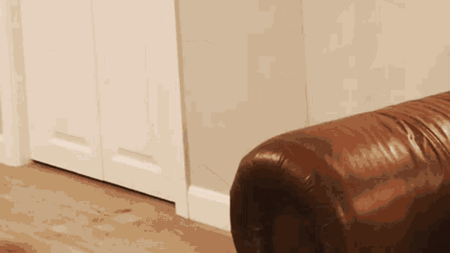 a brown leather couch is in a living room next to a white door