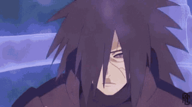 a close up of a naruto character 's face with purple hair and purple eyes .