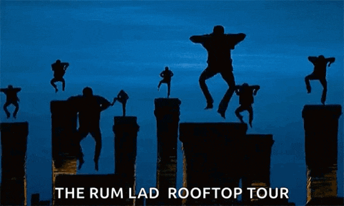 a poster for the rum lad rooftop tour features silhouettes of people on chimneys
