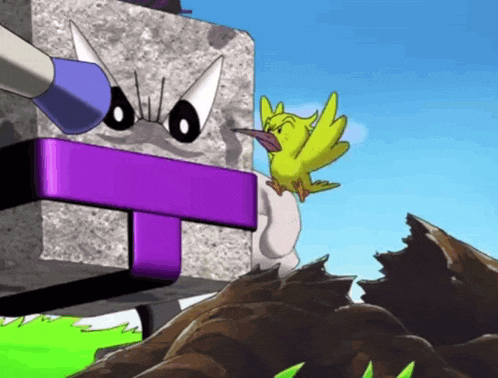 a cartoon drawing of a bird standing next to a purple object