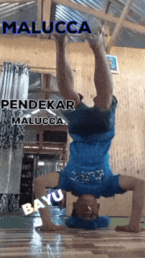 a man is doing a handstand with the name malucca on the bottom