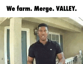 a man is standing in front of a house with the words we farm merge valley written above him .