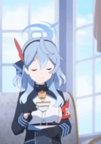 a cartoon girl with blue hair is sitting in front of a window eating noodles .