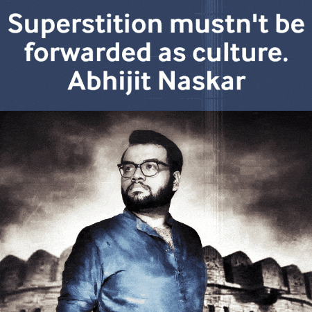 an ad for abhijit naskar shows a man with glasses and a beard