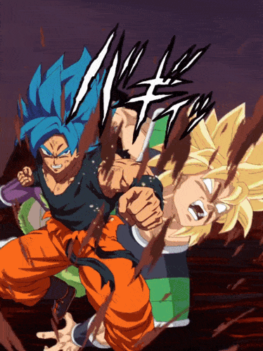 a cartoon drawing of a man with blue hair fighting another man