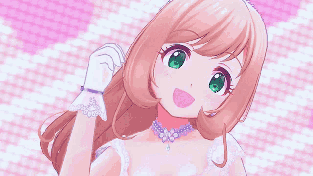 a girl with long brown hair and green eyes