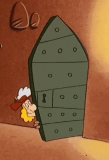a cartoon character is peeking out of a door with a key in it