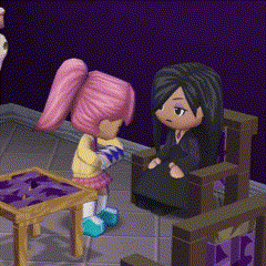a girl with pink hair is standing next to a girl in a black chair