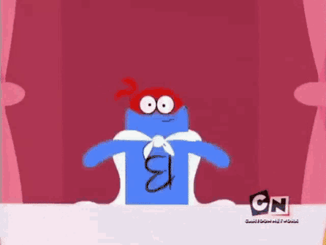 a cartoon character is standing in front of a pink curtain wearing a red hat and sunglasses .