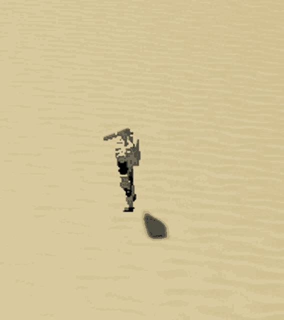 a pixel art of a robot walking on a sandy surface