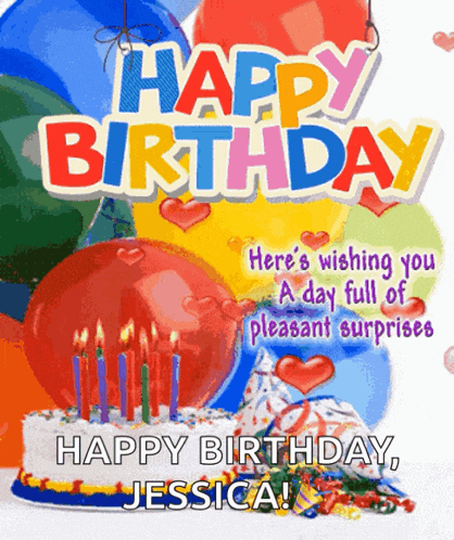 a birthday card for jessica with balloons and cake