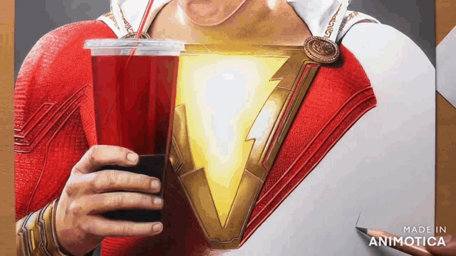 a drawing of shazam holding a cup of red liquid with a lightning bolt on his chest
