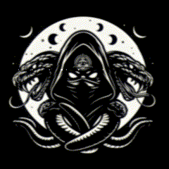 a black and white drawing of a grim reaper holding a sword