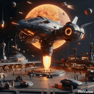 an artist 's rendering of a futuristic space station with a space ship taking off