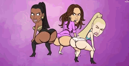 a cartoon of three women dancing on a purple background .